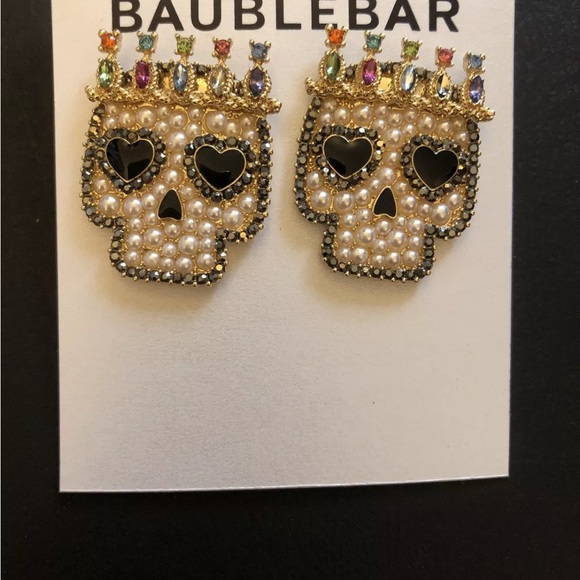 Baublebar Gold Tone Sugar Skull King Stud Drop Earrings Faux Pearl & Crystal NEW - Picture 6 of 11